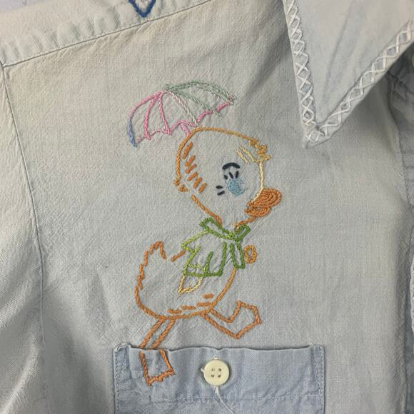 Vtg 1970s TG&Y Embroidered Chambray Shirt Womens Medium Blue Collared Hippie - Picture 12 of 13